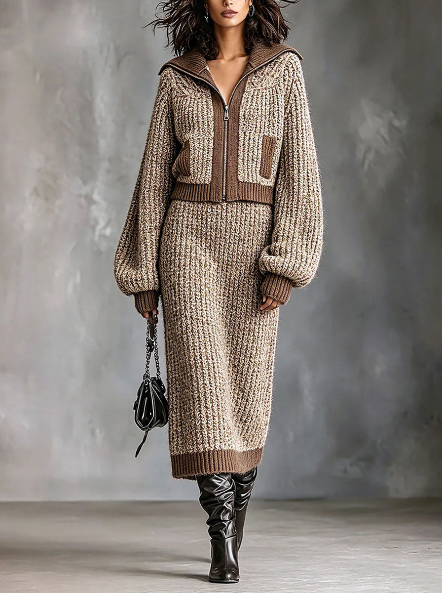 Chic Elegant Camel-Brown Colorblock Lapel Collar Long-Lantern-Sleeve Zipper-Front Cardigan Elasitc-Waist Midi Skirt Ribbed Knit Two-Piece Set