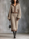 Chic Elegant Camel-Brown Colorblock Lapel Collar Long-Lantern-Sleeve Zipper-Front Cardigan Elasitc-Waist Midi Skirt Ribbed Knit Two-Piece Set