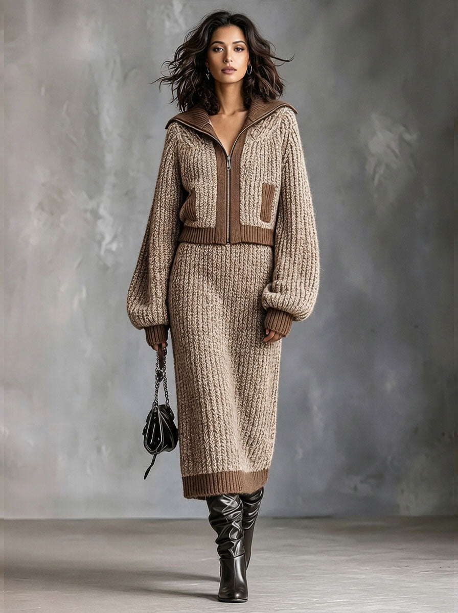 Chic Elegant Camel-Brown Colorblock Lapel Collar Long-Lantern-Sleeve Zipper-Front Cardigan Elasitc-Waist Midi Skirt Ribbed Knit Two-Piece Set