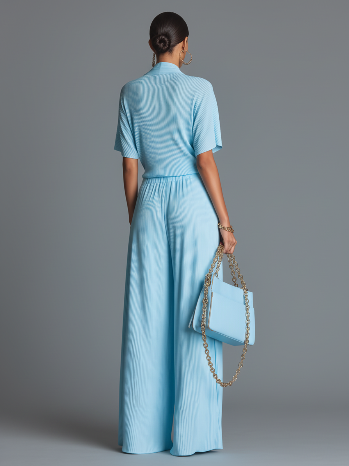 Chic Vintage Baby Blue V-Neck Short-Sleeve Loose Knit Tops Wide-Leg Pants Knit Two-Piece Set