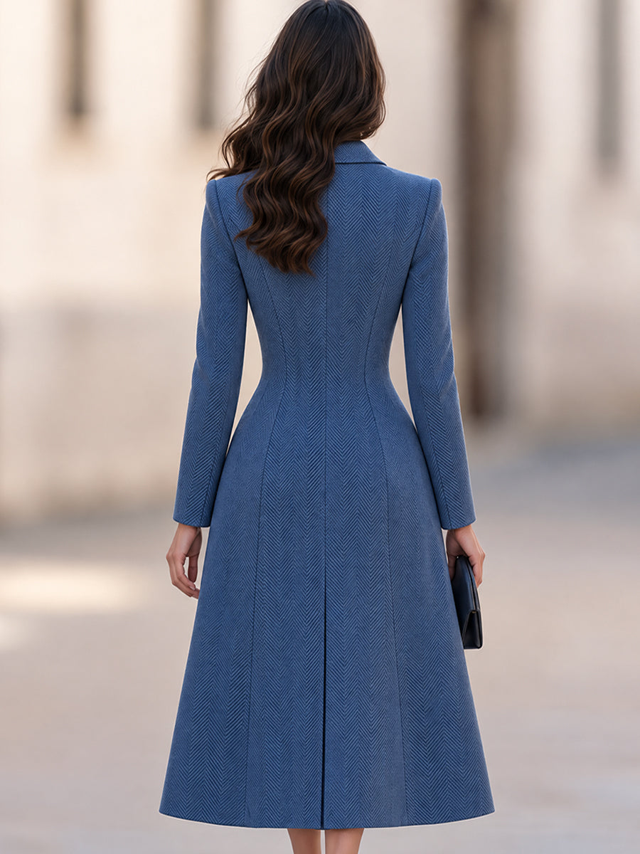 Elegant Herringbone Lapel Collar Fit-and-Flare Coat