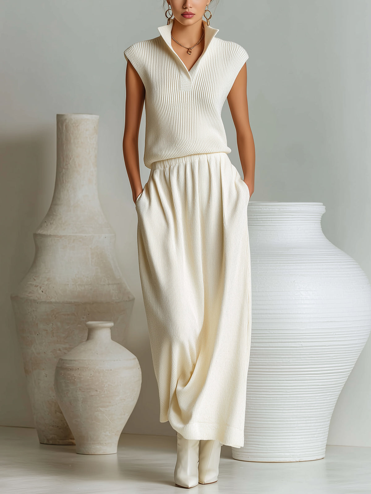 Chic Elegant Cream White Stand Collar V-Neck Sleeveless Loose-Fit Top A-Line Maxi Dress Knit Two-Piece Set