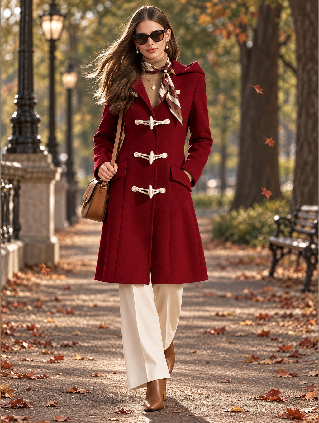 Women's Burgundy Hooded Toggle Duffle Coat