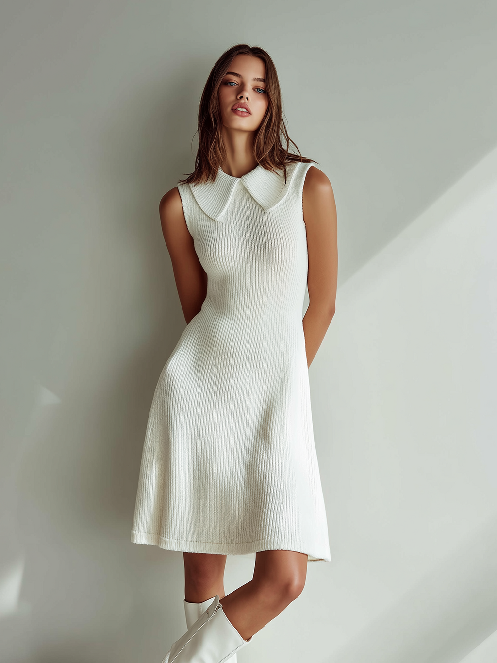 Chic Casual White Peter Pan Collar Sleeveless Slim Fit Knit Dress