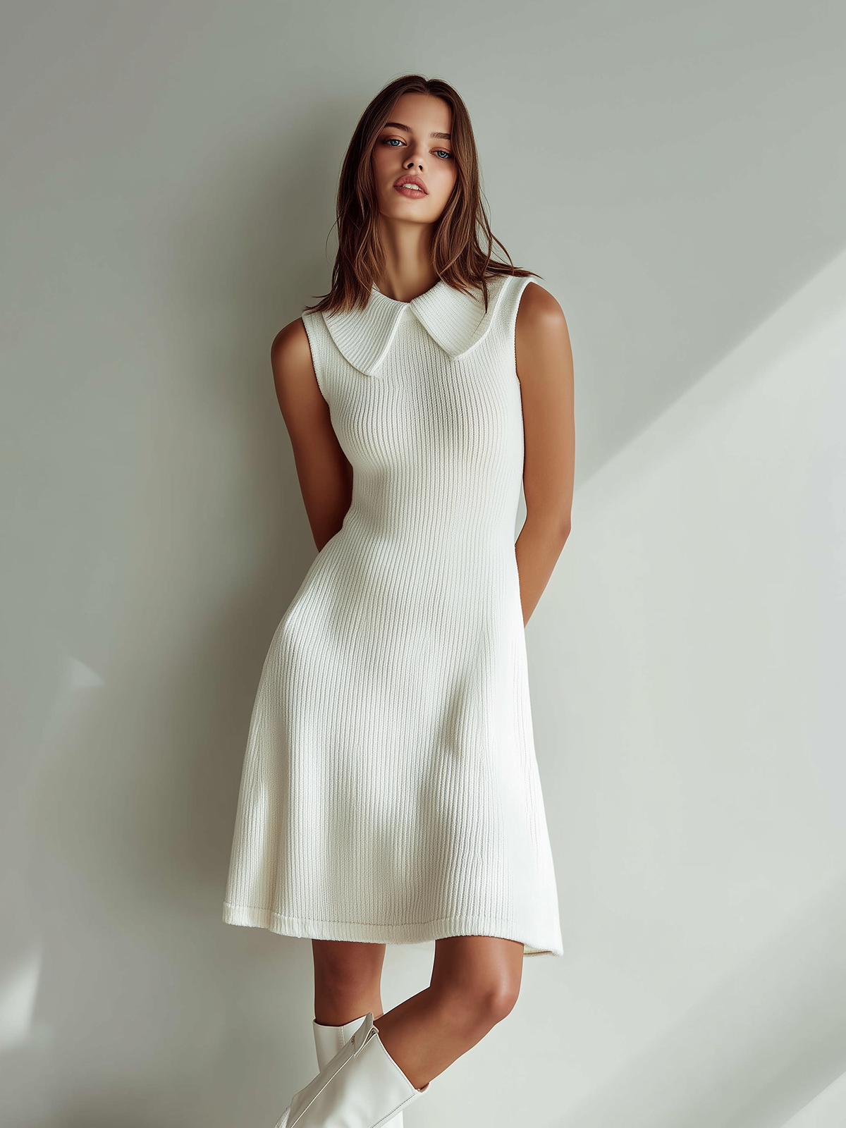 Chic Casual White Peter Pan Collar Sleeveless Slim Fit Knit Dress