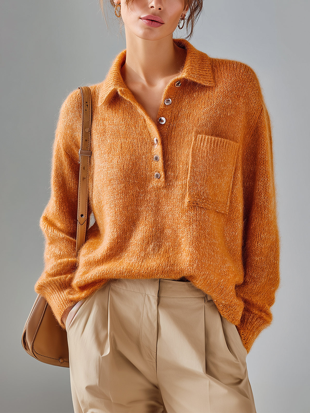 Chic Vintage Pumpkin Orange Polo Collar Half-Placket Pocket Fuzzy Slouchy Knit Sweater