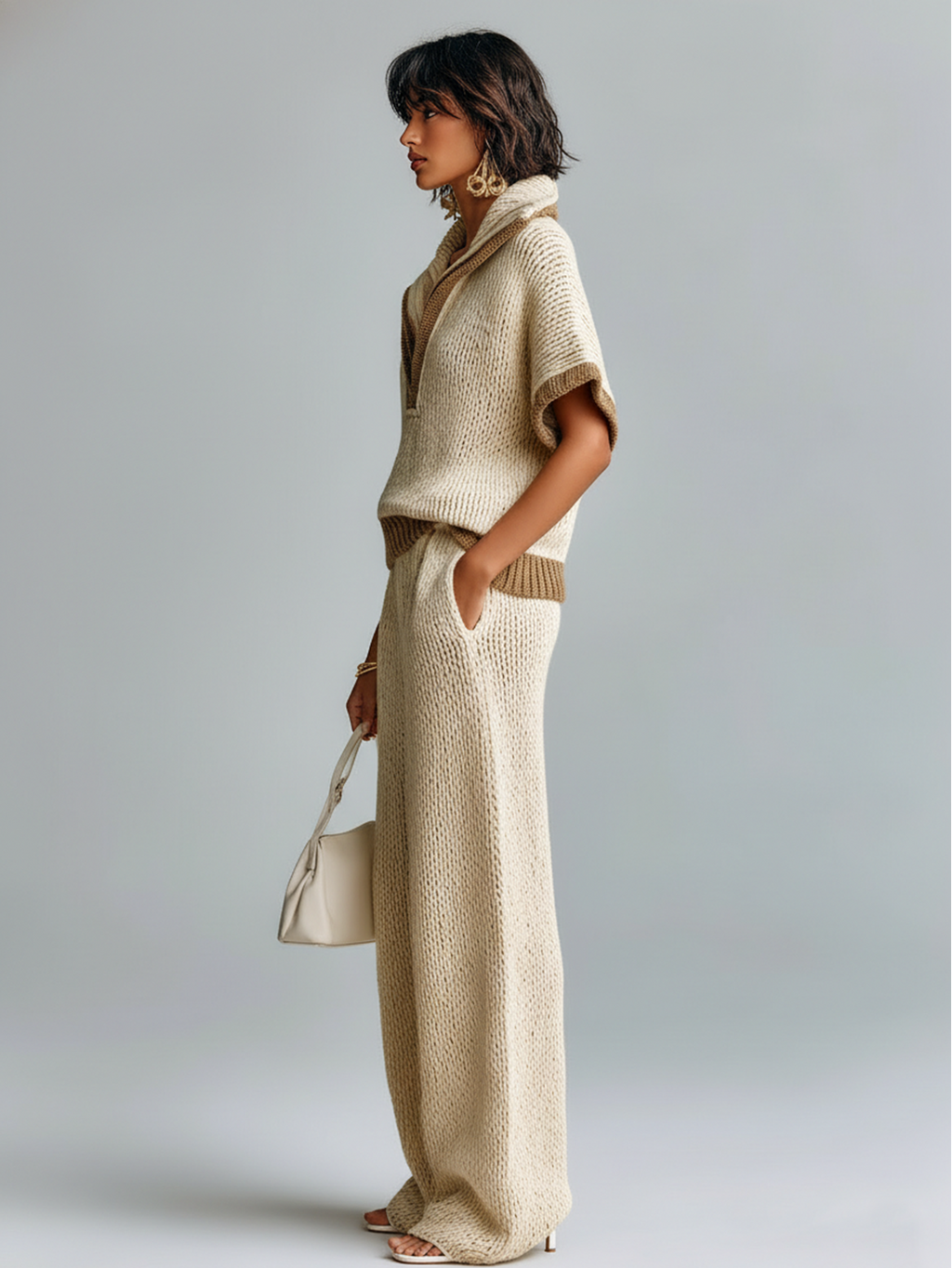 Fashion Casual Beige Colorblock Lapel Collar Short-Sleeve Loose Sweater Wide-Leg Pants Knit Two-Piece Set