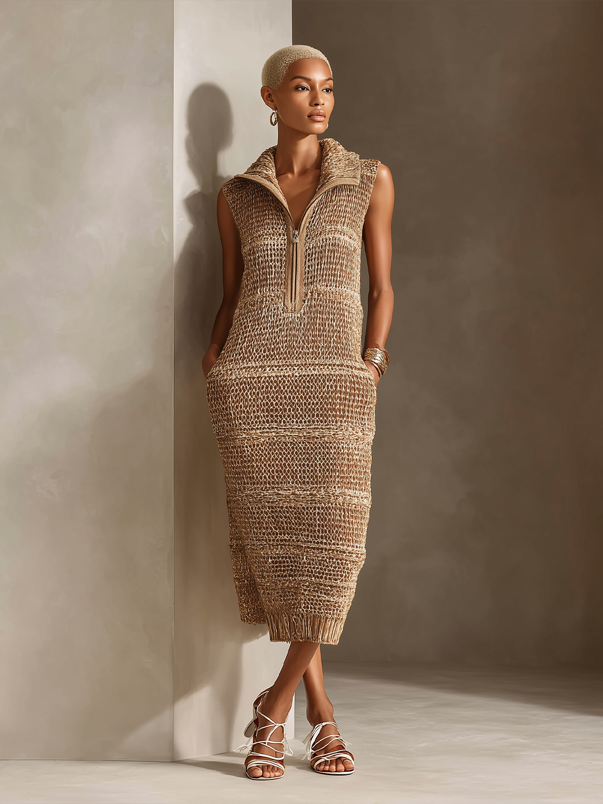 Chic Elegant Brown Colorblock Zipper-Up Lapel Collar Sleeveless Loose-Fit Ribbed Knit Midi Dress