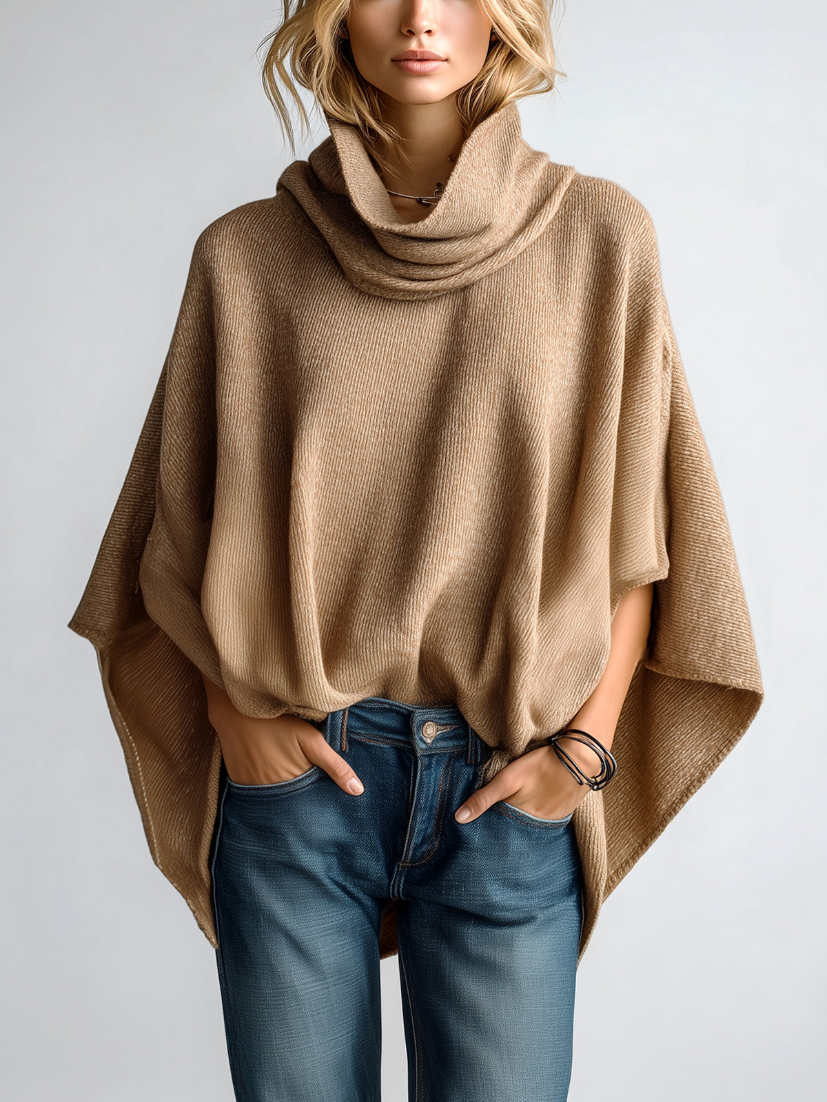 Chic Vintage Camel Cowl Neck Batwing Sleeve Irregular Hem Oversized Knit Sweater