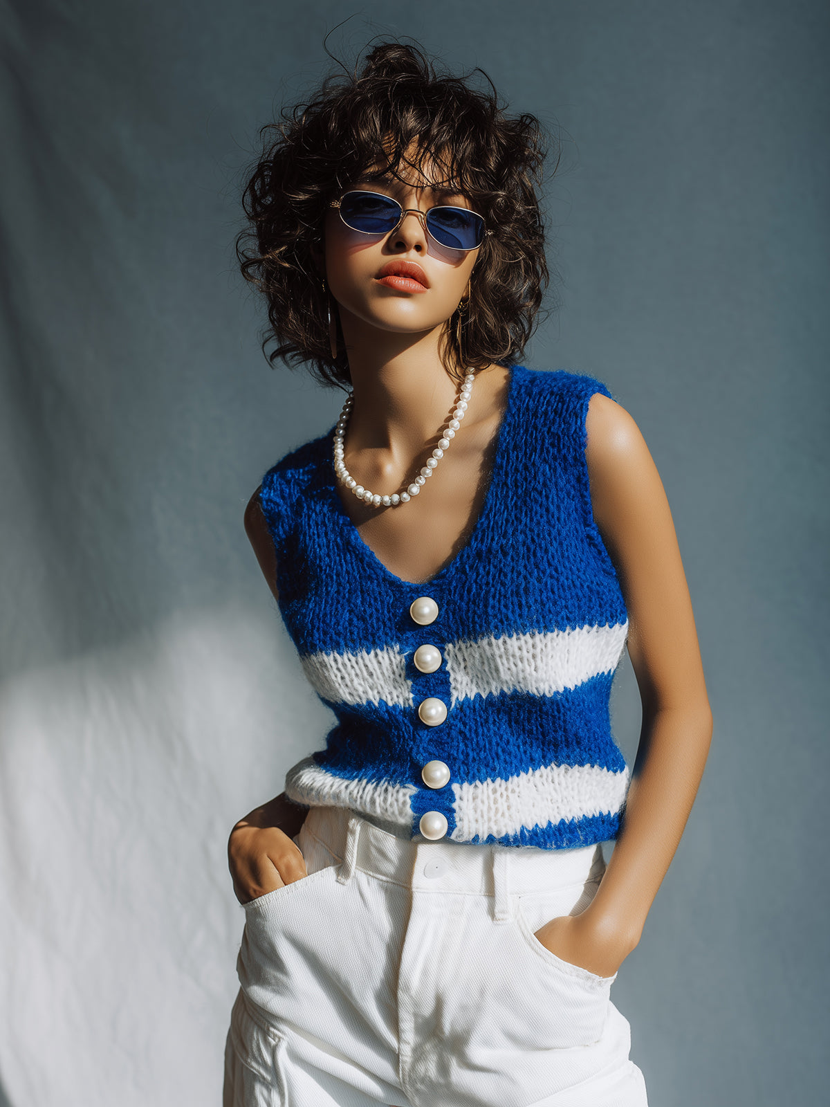 Chic Casual Royal Blue Stripes V-Neck Pearl Button Details Lace-Up Details Loose-Fit Knit Vest