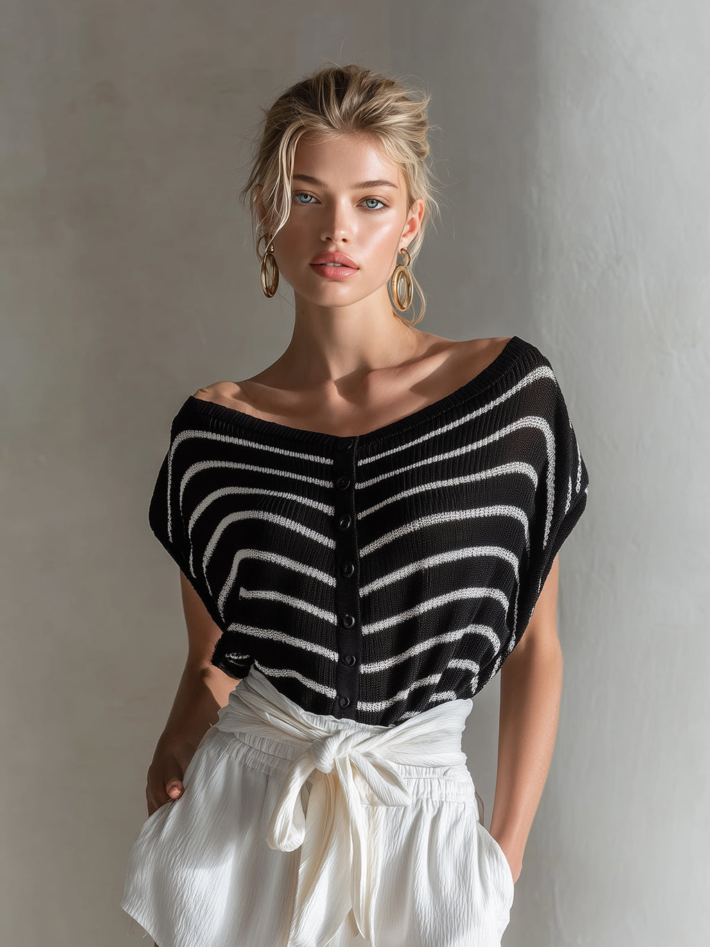 Chic Elegant Black-White Striped Boat-Neck Loose-Fit Button-Front Short-Sleeve Knit Sweater