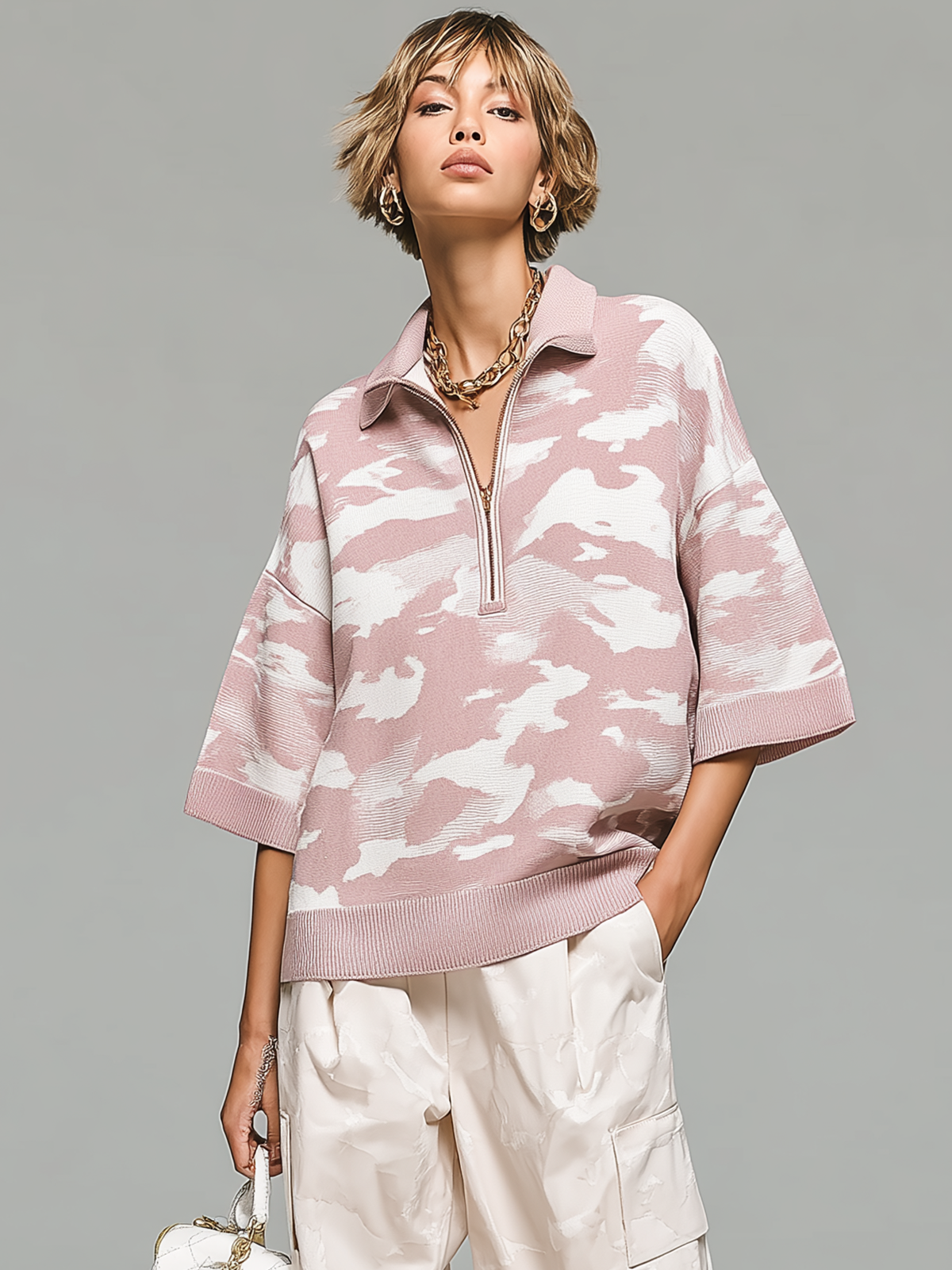 Fashion Casual Pink Camouflage Lapel Collar Zipper-Front Short-Sleeved Loose Knit Sweater