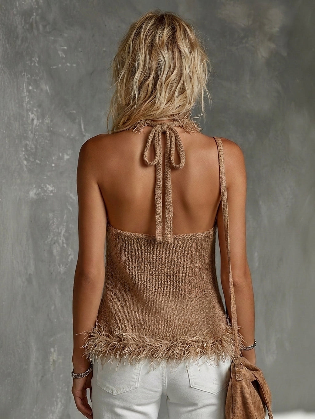 Chic Casual Camel Halter-Neck Sleeveless Fringe Detail Slim-Fit Soft Knit Tank Top