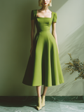 Stylish Elegant Green Square-Neck Cap Sleeve Tailored Waist A-Line CottonBlend Midi Dress