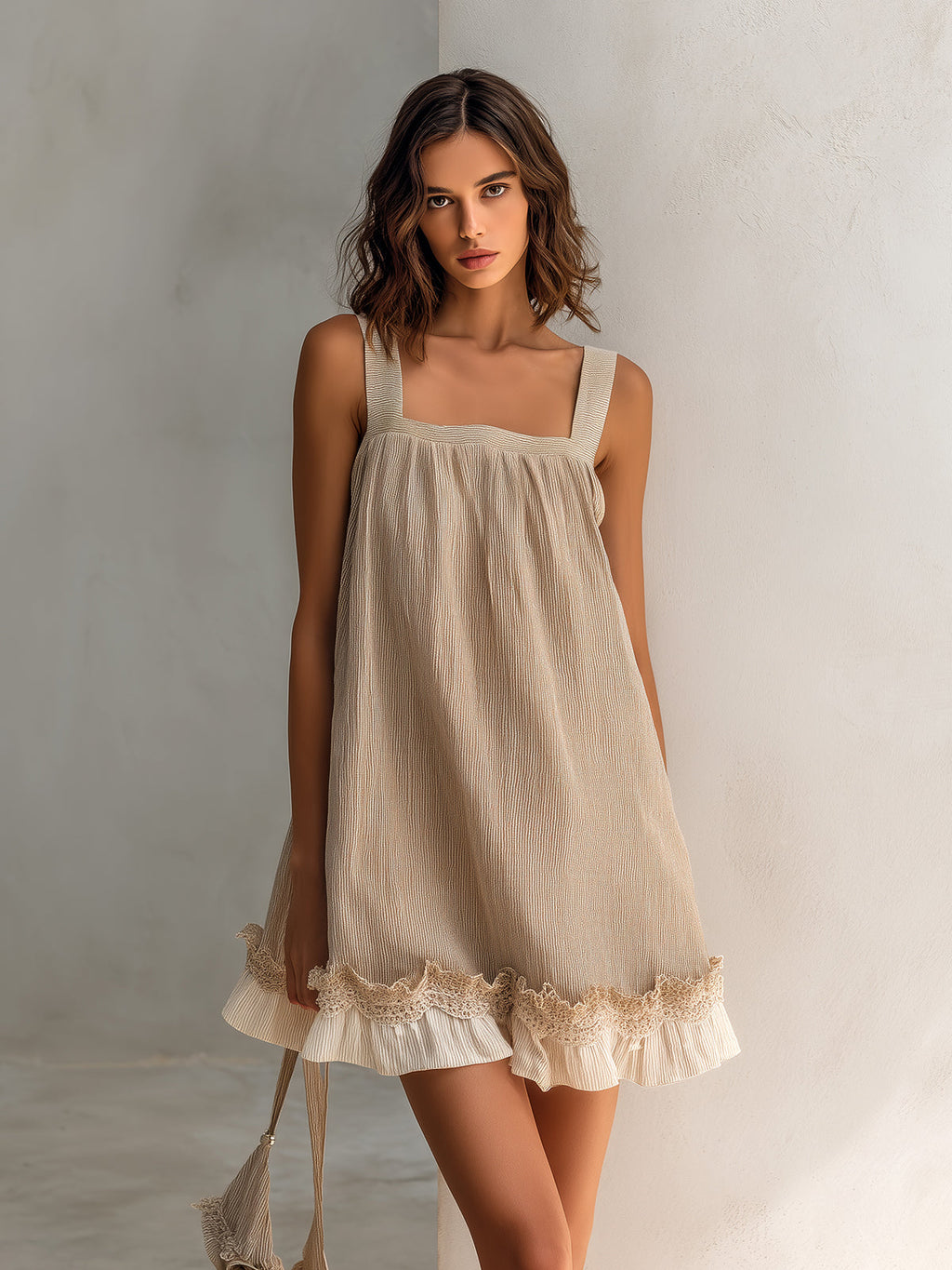 Chic Elegant Camel Stripes Cotton Blend Square-Neck Sleeveless Lace Trim Detail Loose-Fit A-Line Mini Dress