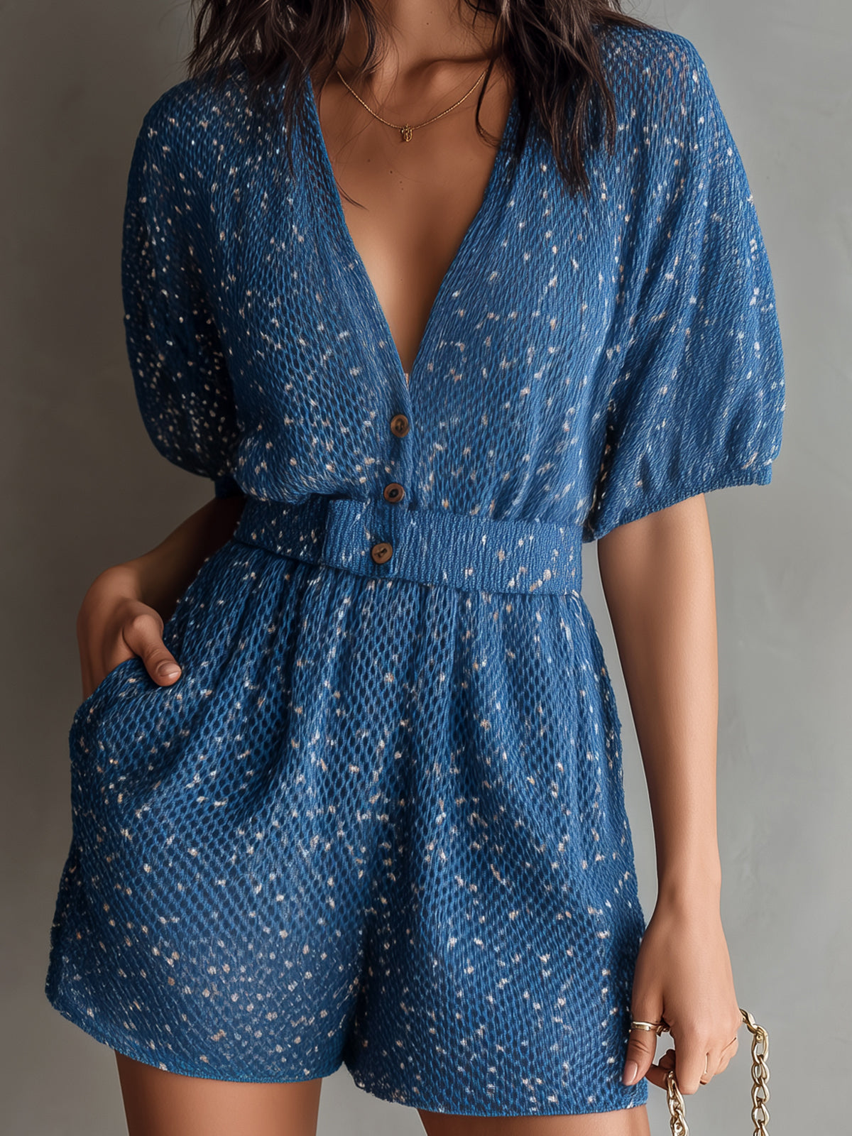 Chic Casual Dark Blue V-Neck Button-Front Short-Sleeve Tailored-Waist Knit Romper