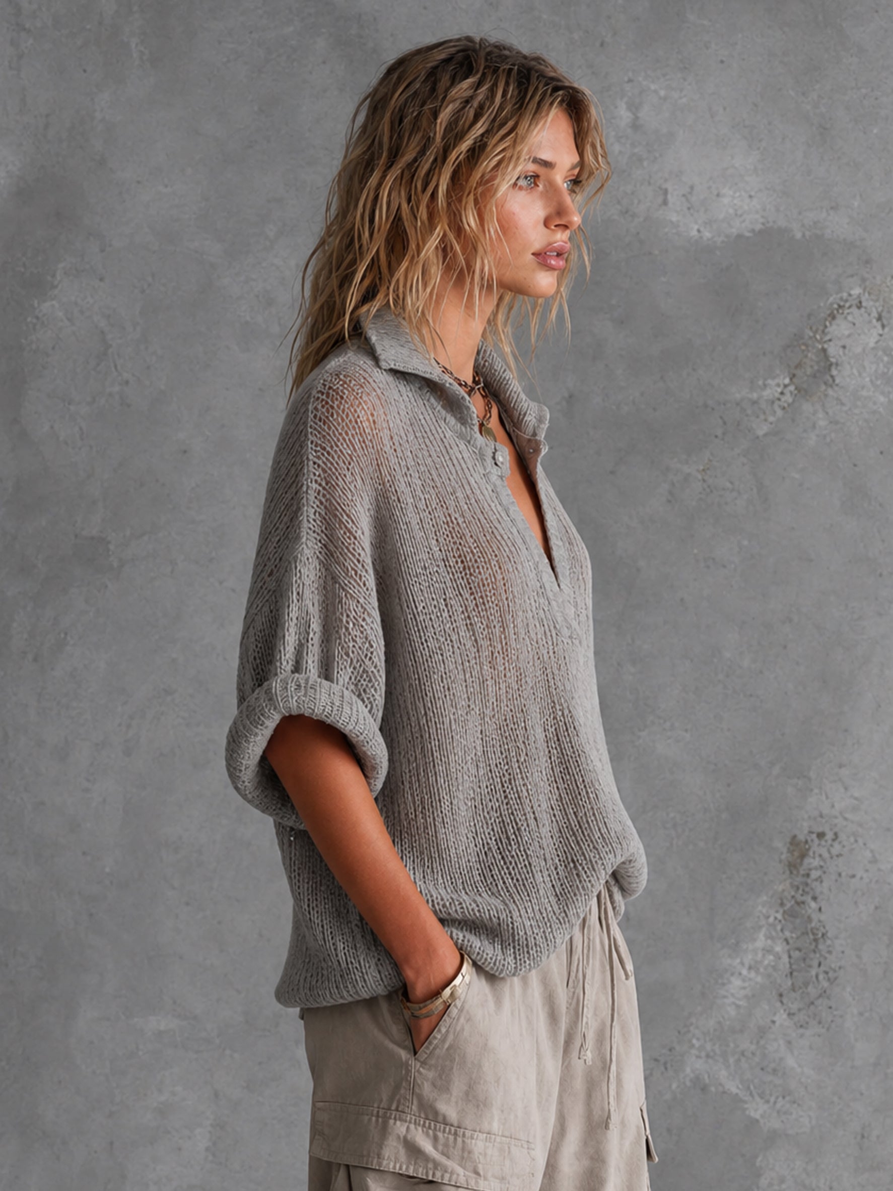 Chic Casual Dusty Grey Lapel-Collar V-Neck Button-Detail Half‑Sleeve Loose-Fit Mesh Knit Sweater Top