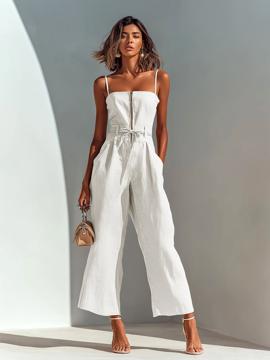 Chic Casual Camel Cotton-Linen Blend Strappy Sleeveless Zipper-Front Tie-Waist Wide-Leg Cropped Jumpsuit