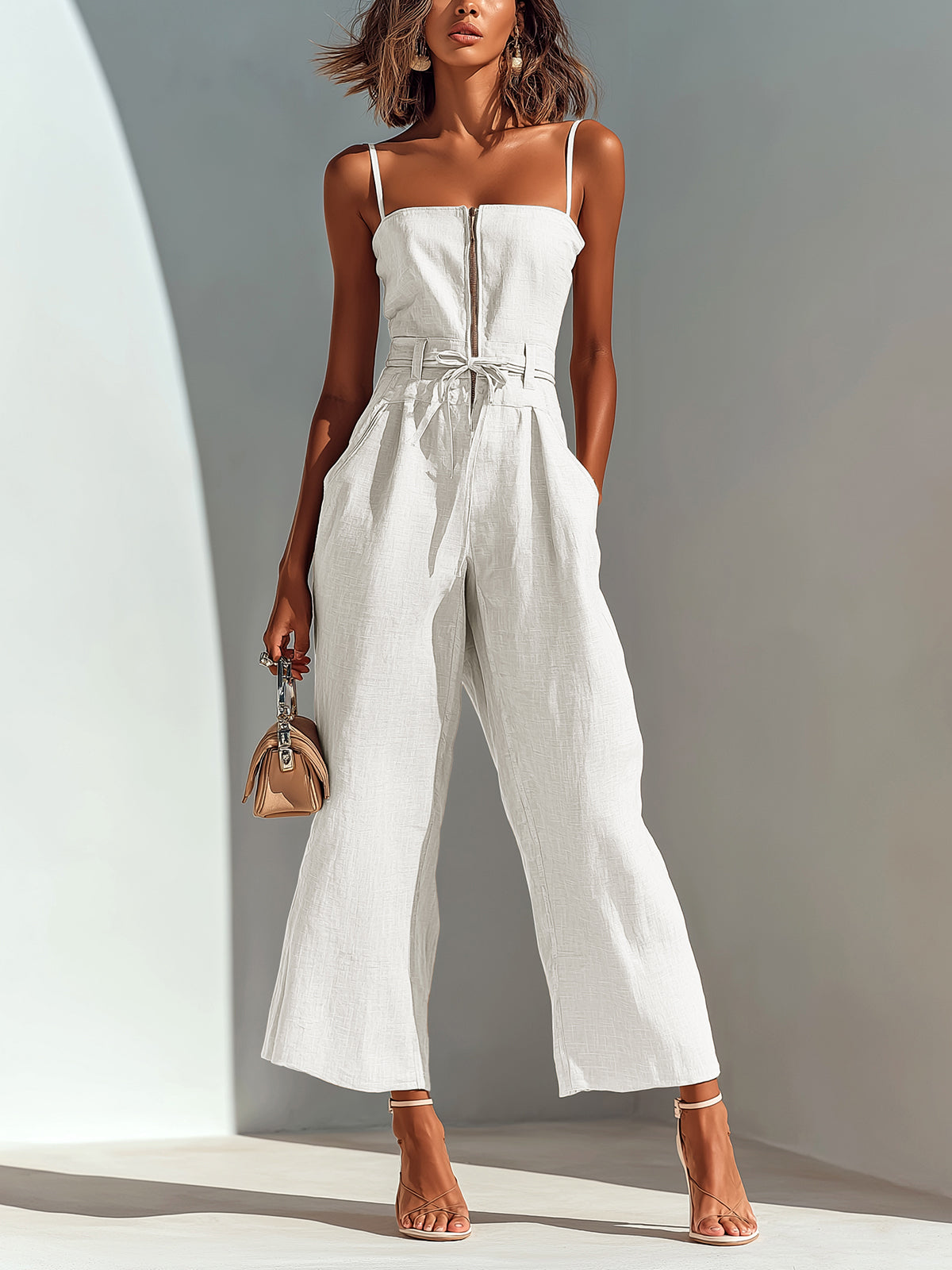 Chic Casual Camel Cotton-Linen Blend Strappy Sleeveless Zipper-Front Tie-Waist Wide-Leg Cropped Jumpsuit