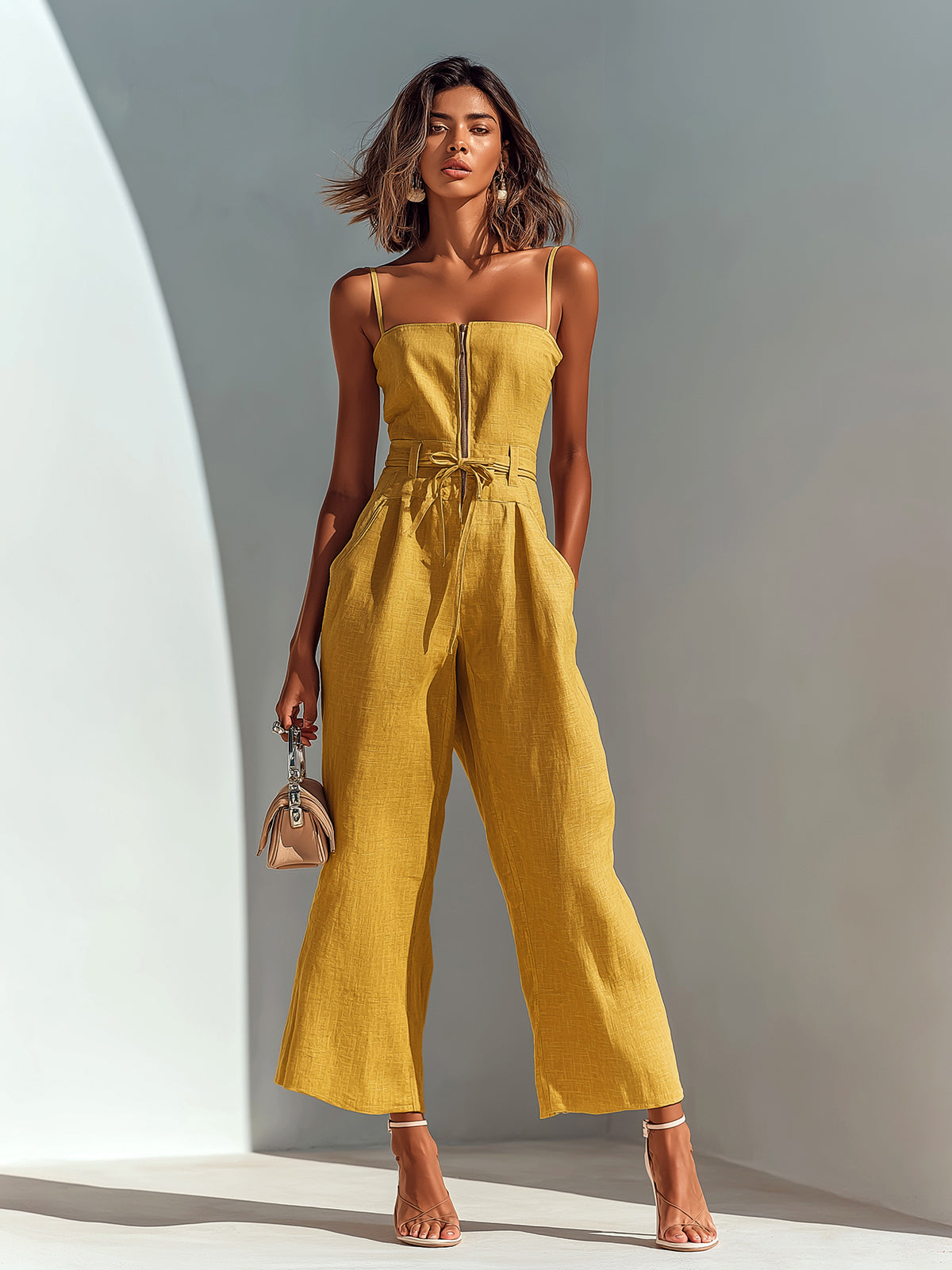 Chic Casual Camel Cotton-Linen Blend Strappy Sleeveless Zipper-Front Tie-Waist Wide-Leg Cropped Jumpsuit