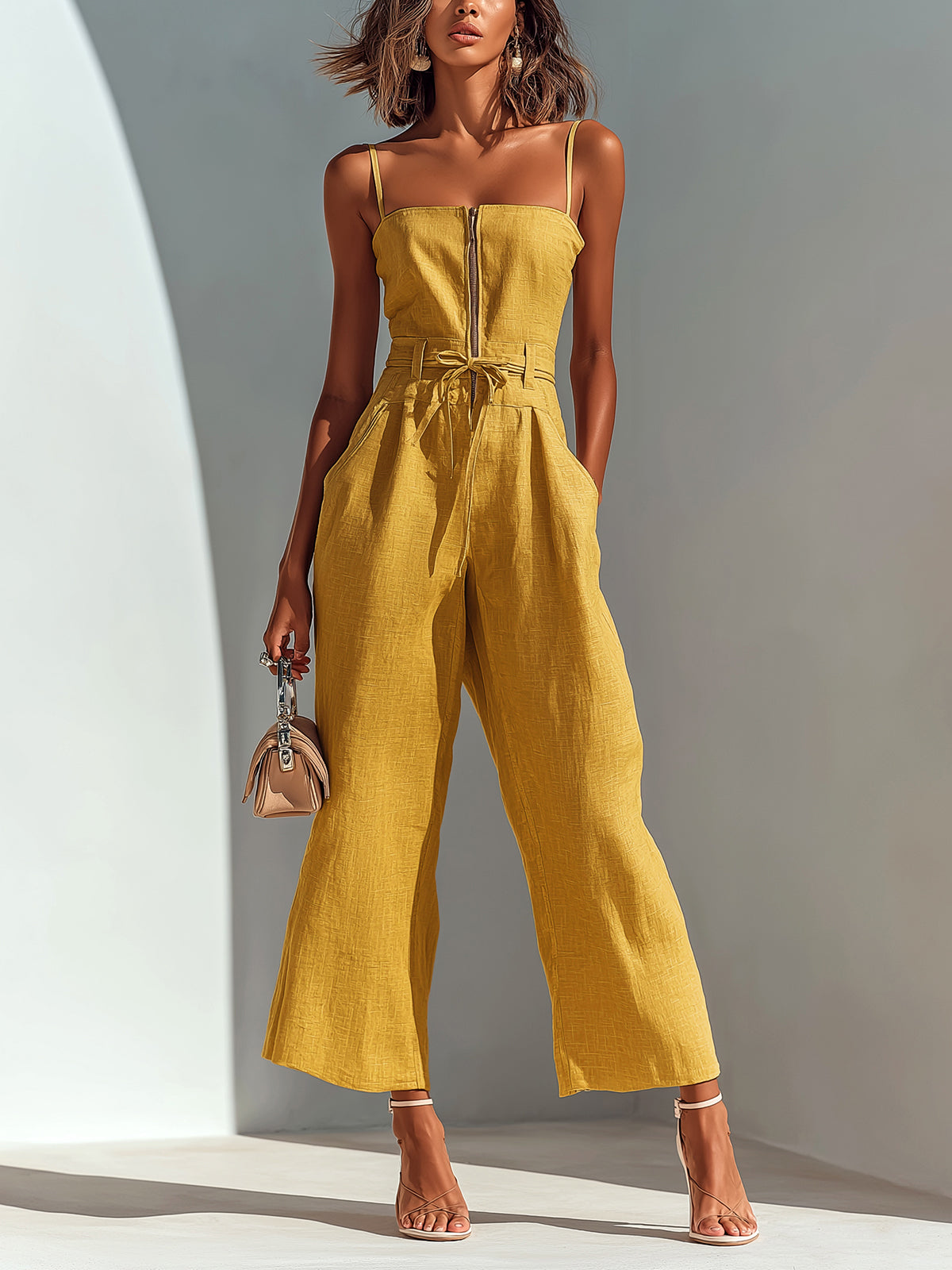 Chic Casual Camel Cotton-Linen Blend Strappy Sleeveless Zipper-Front Tie-Waist Wide-Leg Cropped Jumpsuit