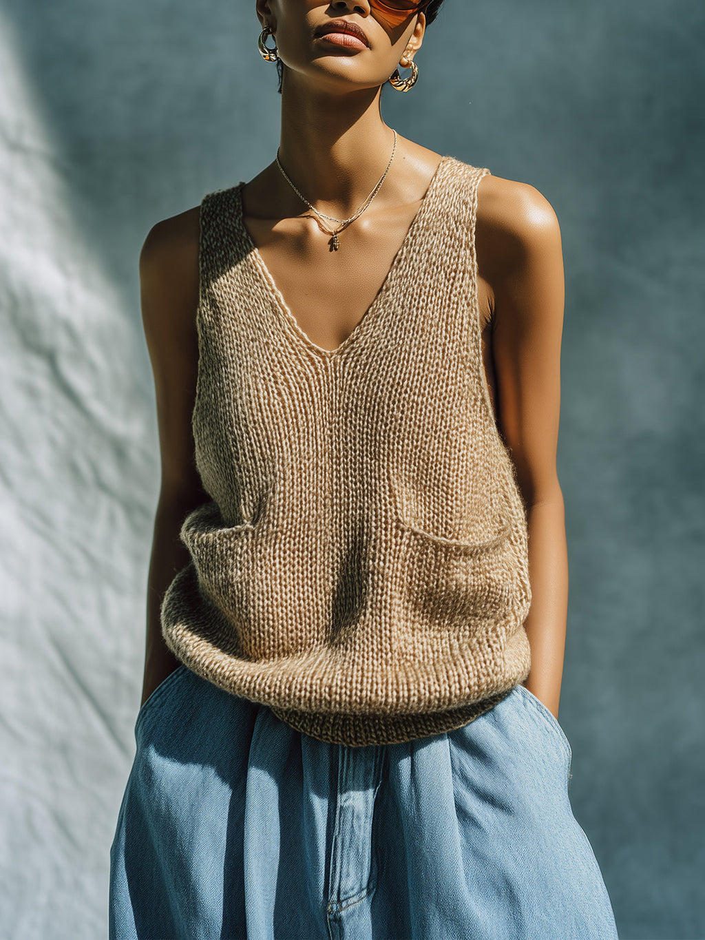 Chic Vintage Camel V-Neck Sleeveless Loose-Fit Patch Pocket Knit Tank Top