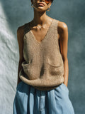Chic Vintage Camel V-Neck Sleeveless Loose-Fit Patch Pocket Knit Tank Top
