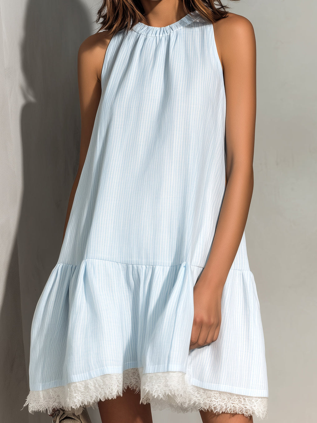 Chic Elegant Light Blue Stripes Cotton Blend Round-Neck Sleeveless Lace Trim Detail Loose-Fit A-Line Mini Dress