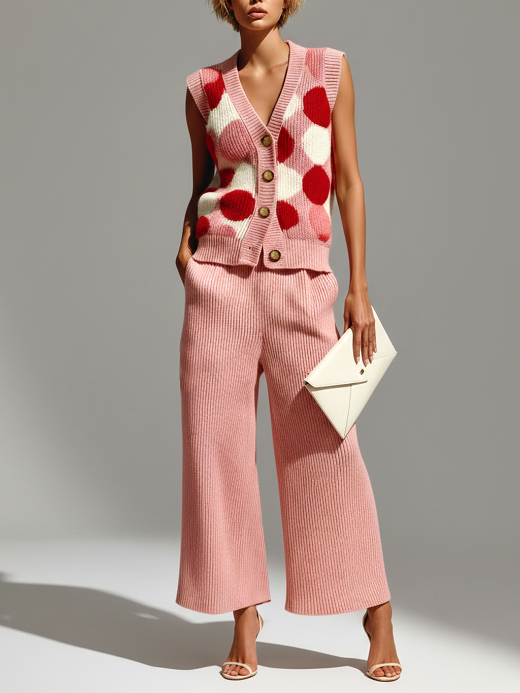 Stylish Elegant Pink Polka Dot Jacquard V-neck Button Slim-Fit Vest Wide-Leg Pants Knit Two-Piece Set