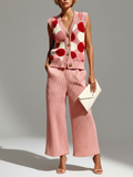 Stylish Elegant Pink Polka Dot Jacquard V-neck Button Slim-Fit Vest Wide-Leg Pants Knit Two-Piece Set