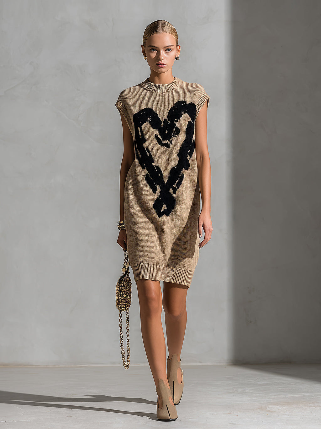Chic Elegant Camel Round-Neck Sleeveless Black Heart Jacquard Loose-Fit Knit Midi Dress