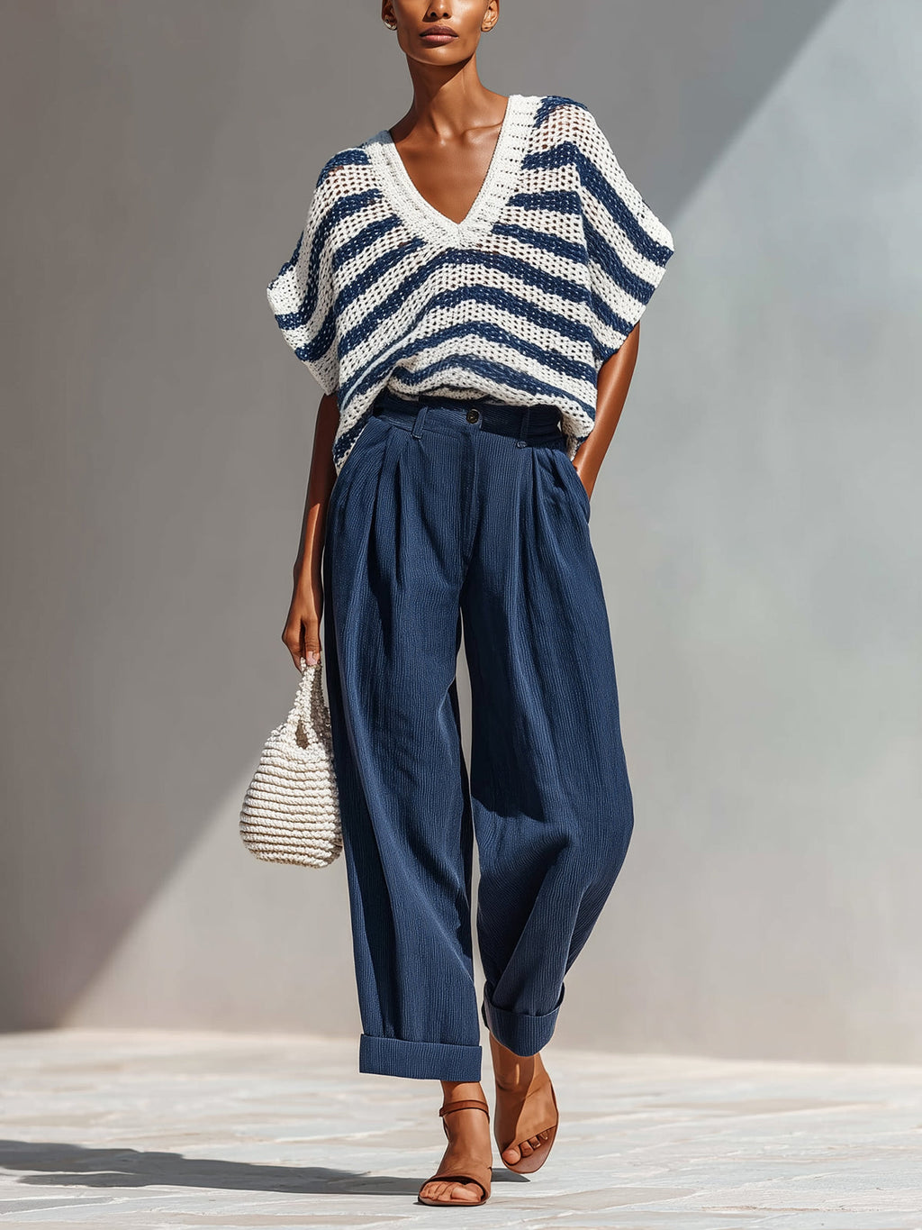 Chic Elegant Navy-White Stripes V-Neck Short-Sleeve Loose-Fit  Knit Top Navy Cotton Blend Pants Two-Piece Set