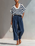 Chic Elegant Navy-White Stripes V-Neck Short-Sleeve Loose-Fit  Knit Top Navy Cotton Blend Pants Two-Piece Set