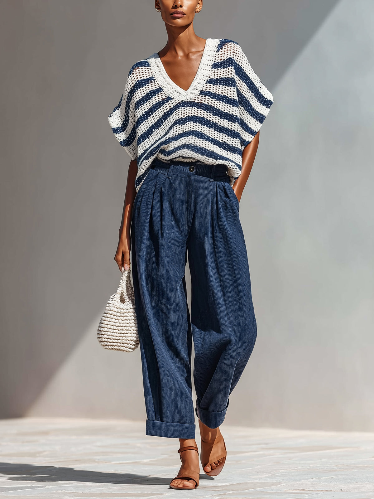 Chic Elegant Navy-White Stripes V-Neck Short-Sleeve Loose-Fit  Knit Top Navy Cotton Blend Pants Two-Piece Set