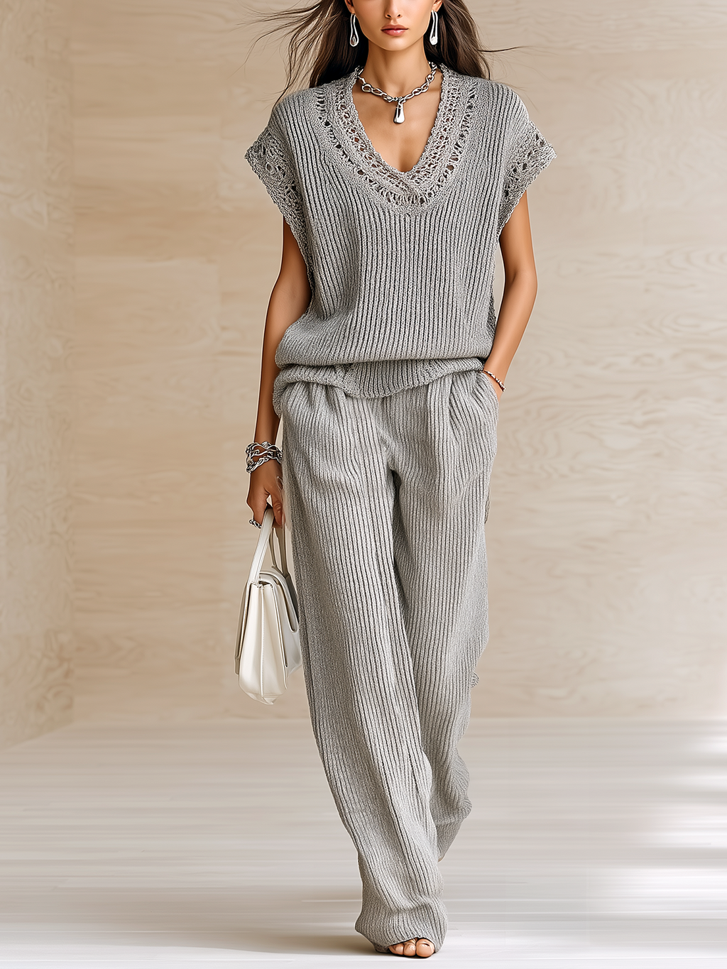 Chic Elegant Gray Hollow-Out V-Neck Sleeveless Loose Vest  Wide-Leg Pants Knit Two-Piece Set