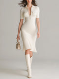 Chic Elegant Cream White Lapel Zipper-Front Short-Sleeve Chest Pockets Slim-Fit Flare Hem Ribbed Knit Midi Dress