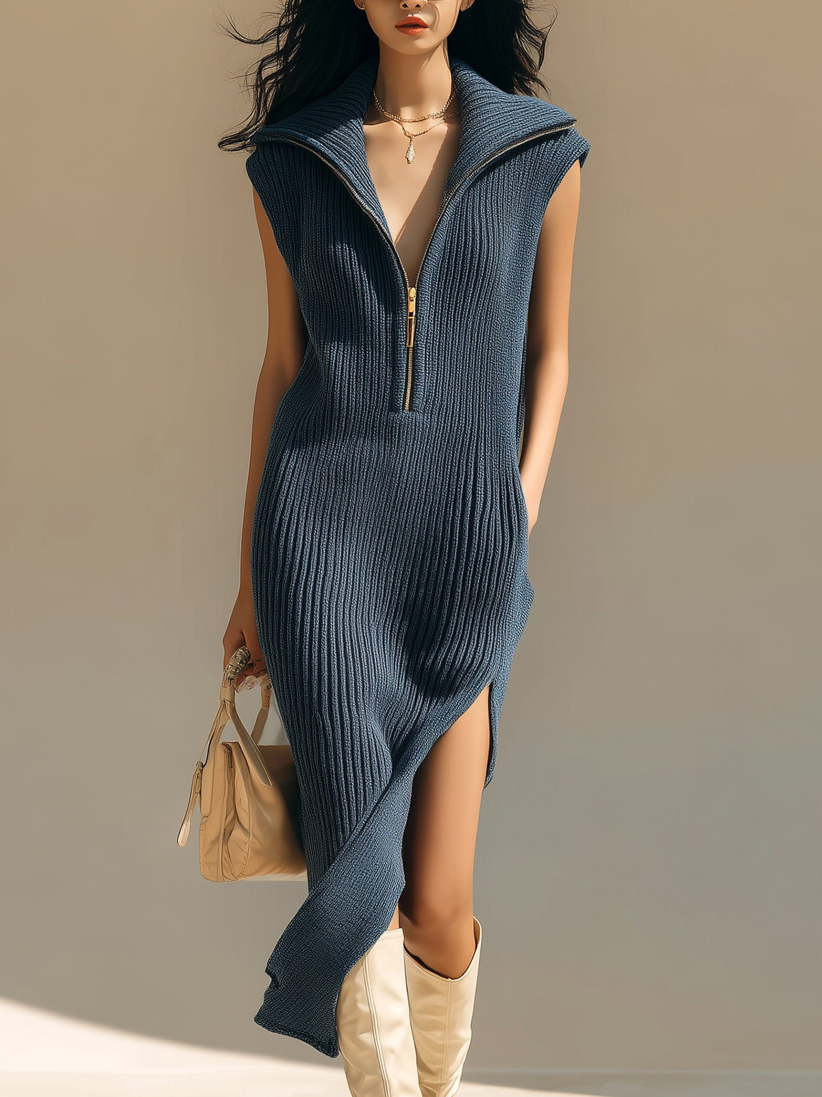 Chic Casual Dark Blue Zip-Up Lapel Sleeveless Side Slit Loose Ribbed Knit Midi Dress