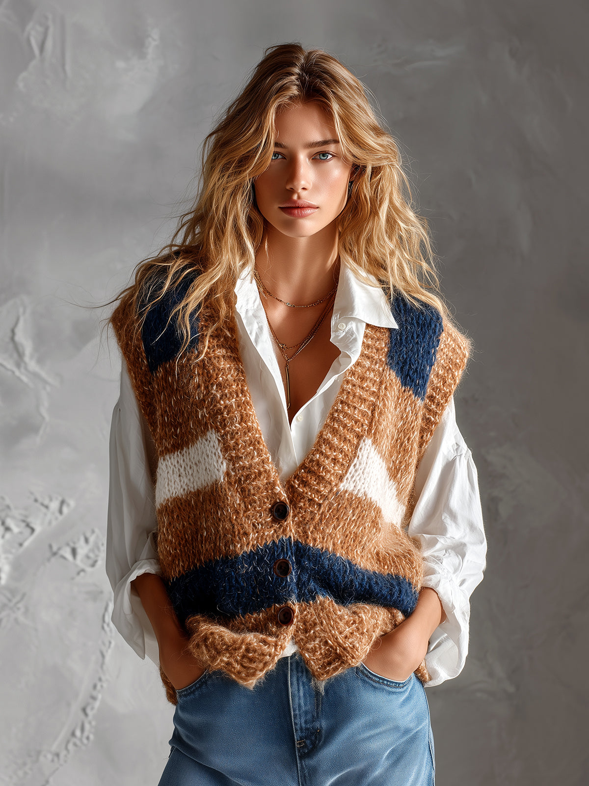 Chic Elegant Brown-Navy Blue Colorblock V-Neck Single-Breasted Sleeveless Loose-Fit Soft Mohair Blend Knit Vest