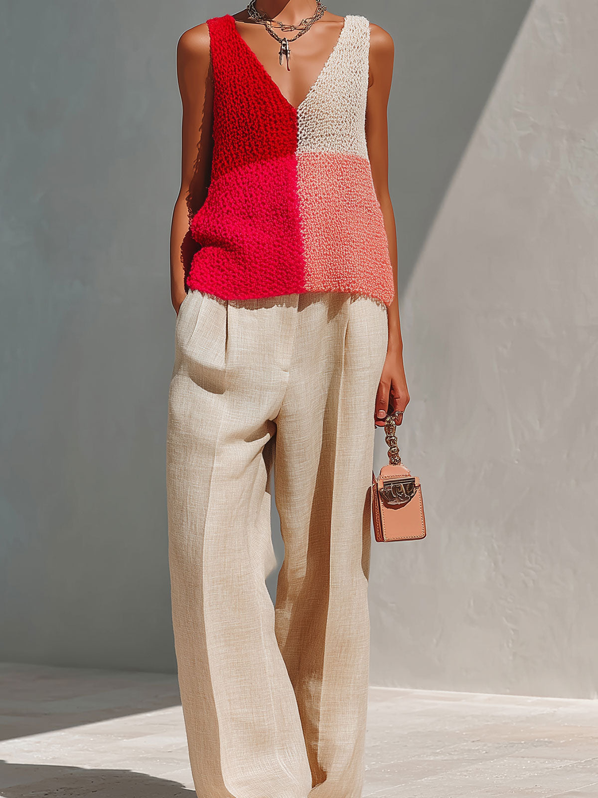 Chic Elegant Red Colorblock V-Neck Sleeveless Knit Tank Top Beige Linen Blend Wide-Let Pants Two-Piece Set