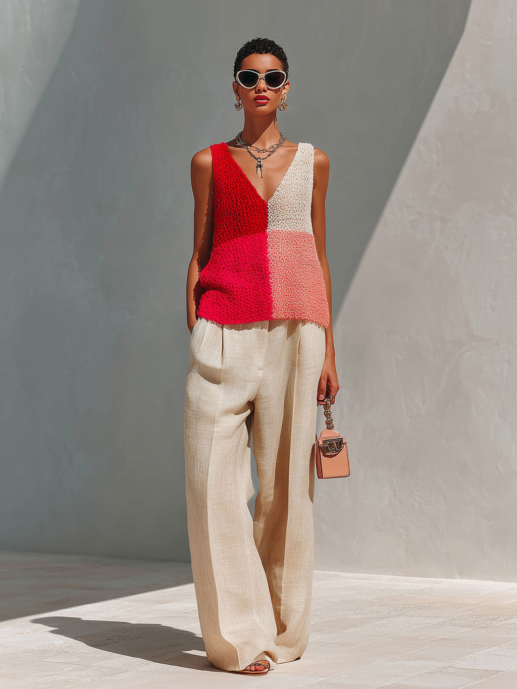 Chic Elegant Red Colorblock V-Neck Sleeveless Knit Tank Top Beige Linen Blend Wide-Let Pants Two-Piece Set