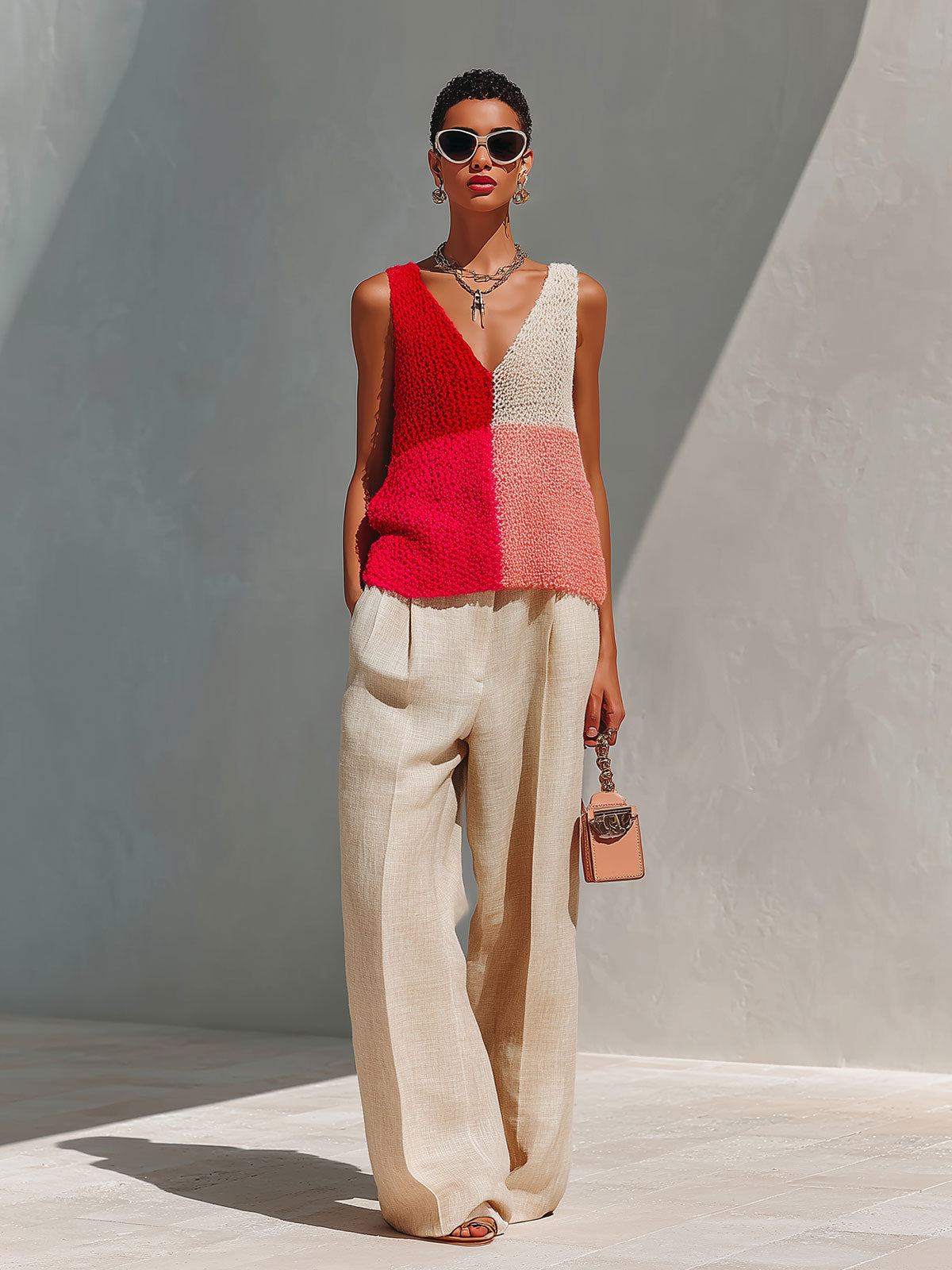 Chic Elegant Red Colorblock V-Neck Sleeveless Knit Tank Top Beige Linen Blend Wide-Let Pants Two-Piece Set