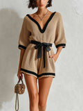 Chic Elegant Camel V-Neck Short-Sleeve Black Trim Detail Belted Waist Ribbed Knit Romper