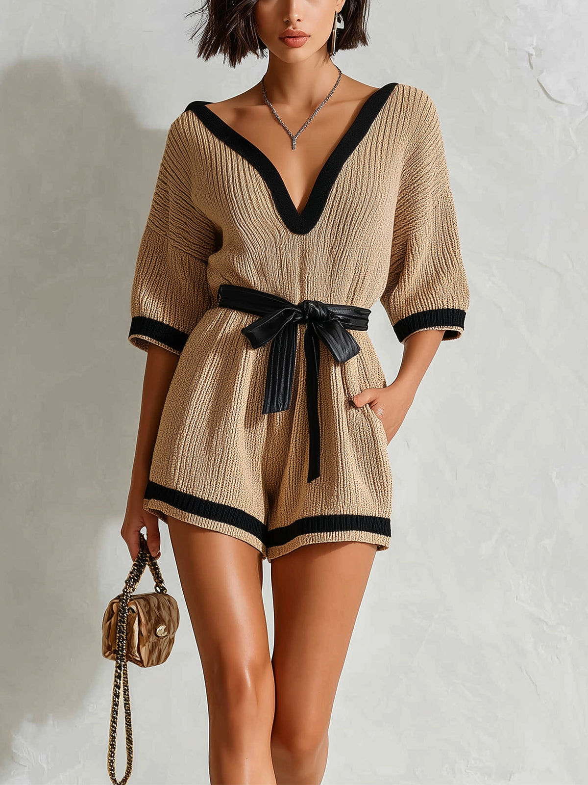 Chic Elegant Camel V-Neck Short-Sleeve Black Trim Detail Belted Waist Ribbed Knit Romper
