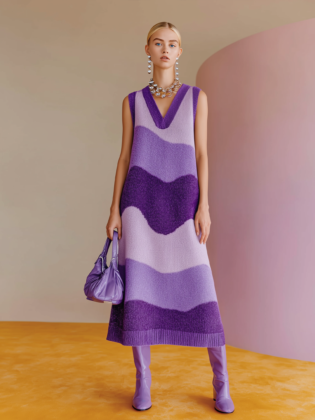 Chic Elegant Purple Stripe V-Neck Sleeveless A-Line Loose-Fit Knit Midi Dress