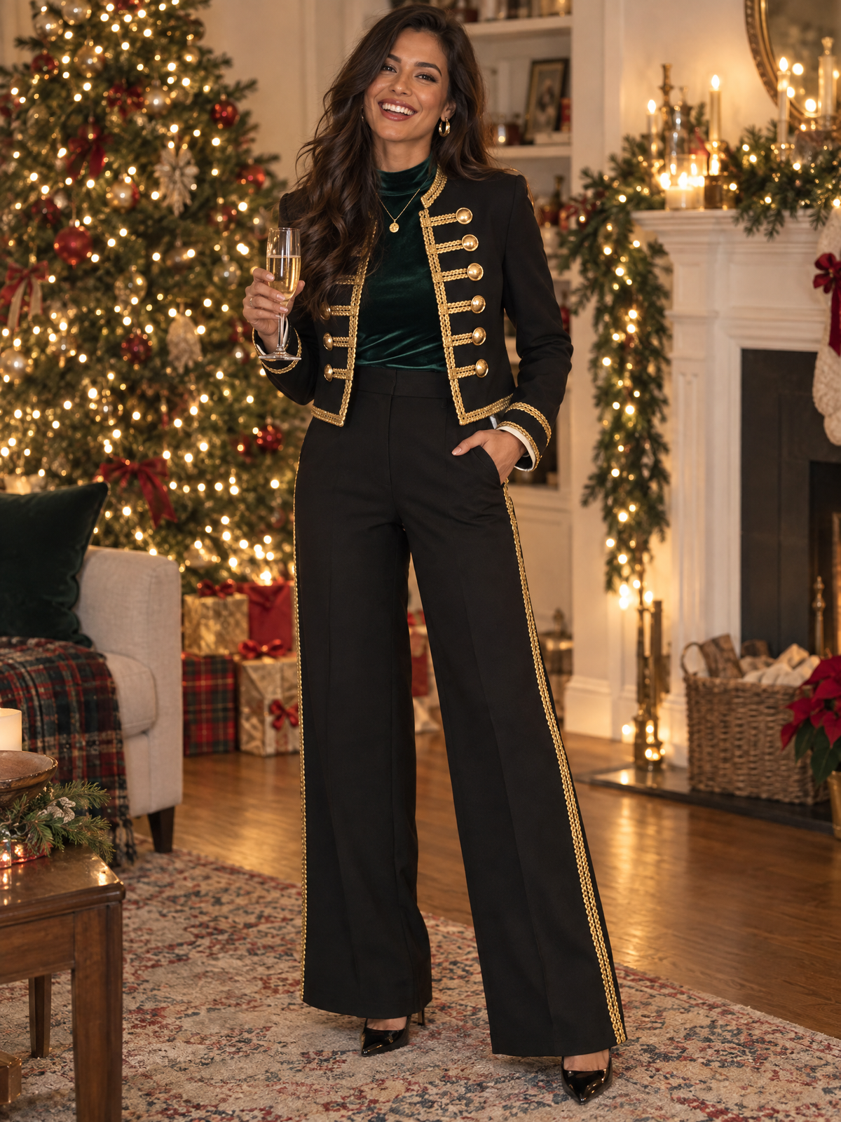 Cropped Military Blazer & High Waist Wide Leg Pants Suit