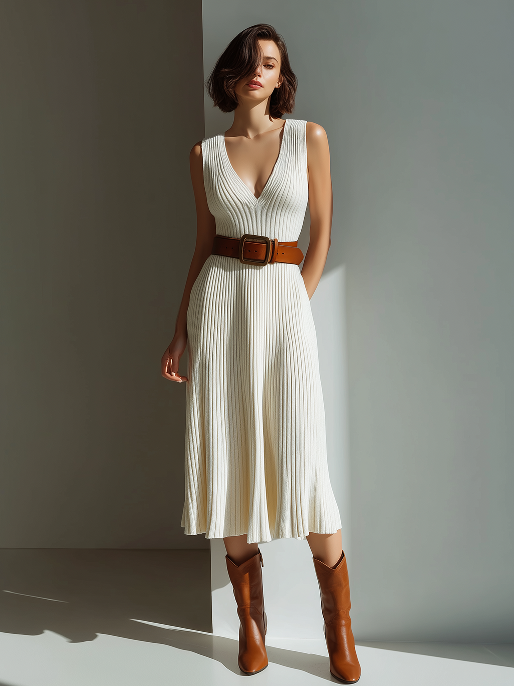 Chic Casual White Deep V-Neck Sleeveless Belted Slim-Fit Ribbed Knit Midi Dress