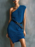Chic Elegant Royal Blue One-Shoulder Sleeveless PU Belted Slim-Fit Side-Slit Bodycon Knit Mini Dress