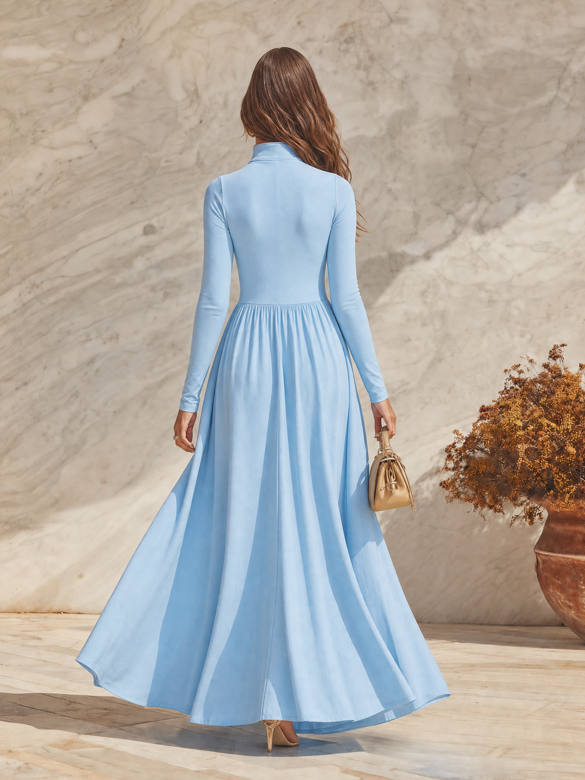 Resort-style Stand-up Collar Color-blocked Zip-up Long-sleeved A-line Maxi Dress