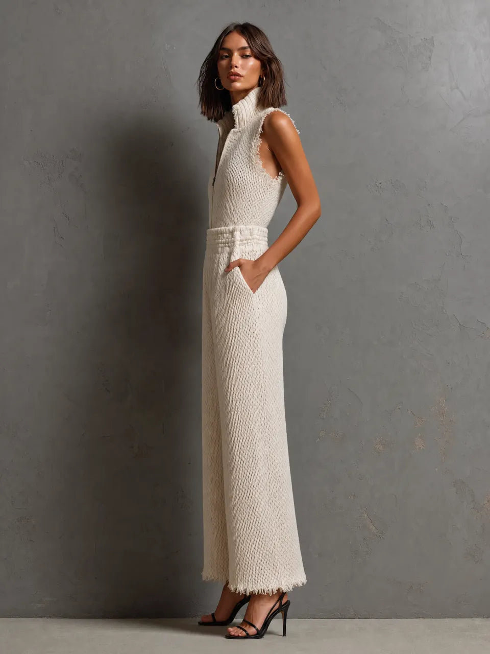 Chic Elegant Cream White Stand Collar Half Zip Frayed Edge Sleeveless Elastic-Waist Loose-Fit Knit Jumpsuit