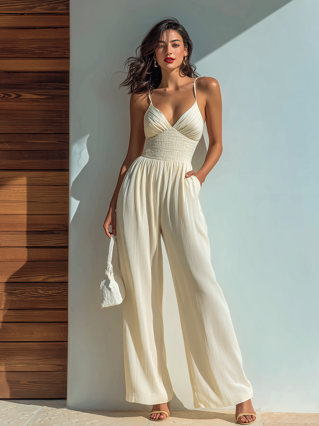 Chic Elegant Cream White V-Neck Strappy Sleeveless Tailored Waist Chiffon Wide-Leg Jumpsuit